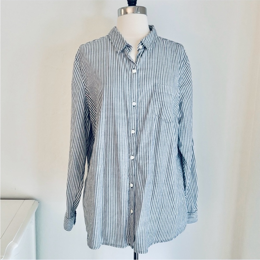 Gray White Striped Cotton Blend Single Front Pocket Collared Shirt, XL